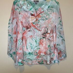 JM Collection Coral Mint Floral Sequin V-Neck Split-Sleeve Top